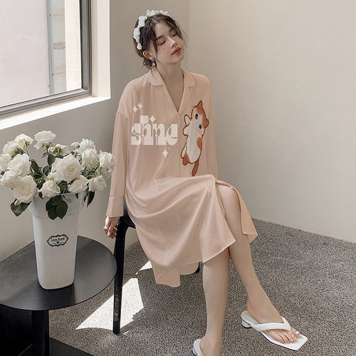 Load image into Gallery viewer, Women&#39;s Summer Pajamas Medium Length Skirt Nightwear Sweet Girl Cartoon Cardigan Homewear Lapel Loose Cool Sleepwear
