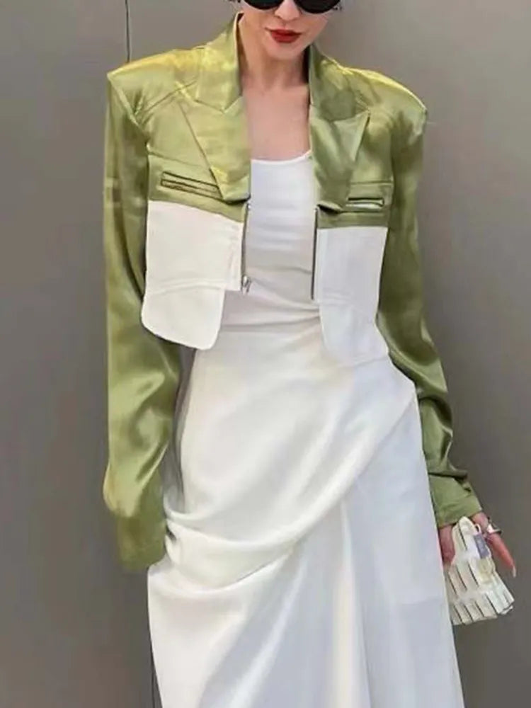 Hit Color Blazers For Women Notched Collar Long Sleeve Spliced Zipper Slim Autumn Blazer Female Fashion Clothing