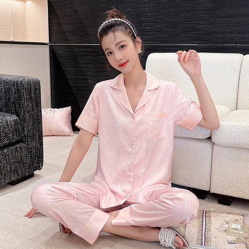 Load image into Gallery viewer, Women&#39;s Pajamas Silk Like Summer Short Sleeve Pants Cardigan Thin Cool Set Comfortable Oversized Printed Homewear
