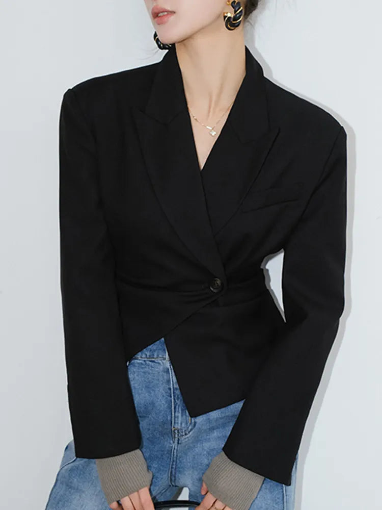 Minimalist Blazers For Women Notched Collar Long Sleeve Spliced Button Slim Blazer Female Fashion Clothing
