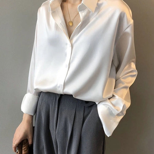 Load image into Gallery viewer, Silk Shirt Women Vintage White Long Sleeves OL Ladies Blouse Loose Spring Designed Button Up Female Top Casual Cotton Shirt
