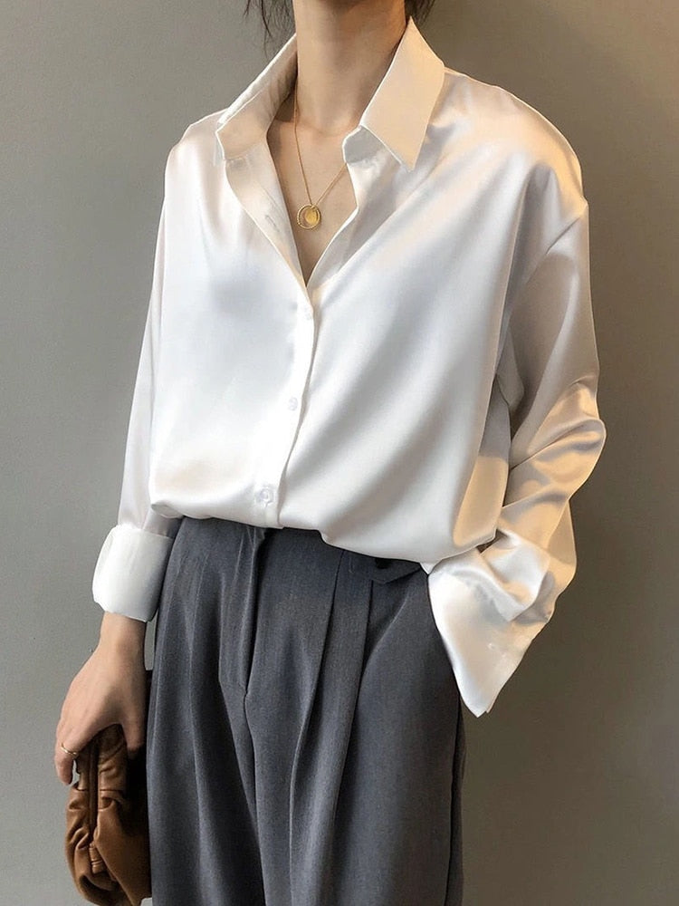 Silk Shirt Women Vintage White Long Sleeves OL Ladies Blouse Loose Spring Designed Button Up Female Top Casual Cotton Shirt