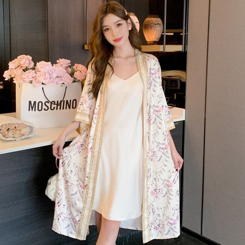 Load image into Gallery viewer, Long Imitation Silk Floral Pajamas Women&#39;s Spring Autumn Suspender Robe Two-piece Suit Satin Chiffon Sexy Home Clothes
