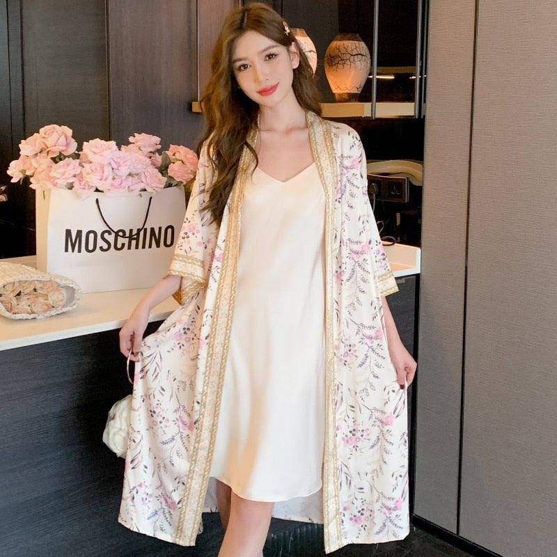 Long Imitation Silk Floral Pajamas Women's Spring Autumn Suspender Robe Two-piece Suit Satin Chiffon Sexy Home Clothes