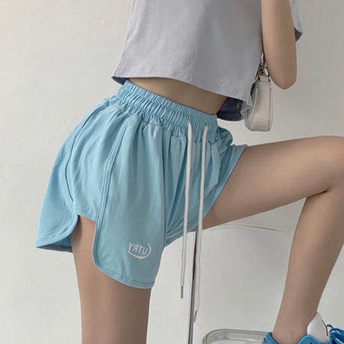 Load image into Gallery viewer, Summer Women Sweat Shorts Fashion Letter Elastic High Waist Loose Joggers Shorts Korean Designed Grey Wide Leg Shorts
