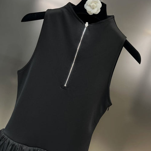 Load image into Gallery viewer, Patchwork Zipper Dresses For Women Stand Collar Sleeveless High Waist Slim Temperament Dress Female Fashion Style
