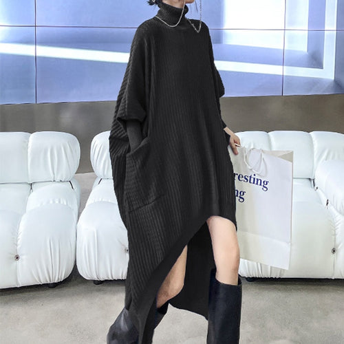 Load image into Gallery viewer, Irregular Hem Solid Dresses For Women Turtleneck Batwing Sleeve High Waist Pullover Loose Dress Female Fashion
