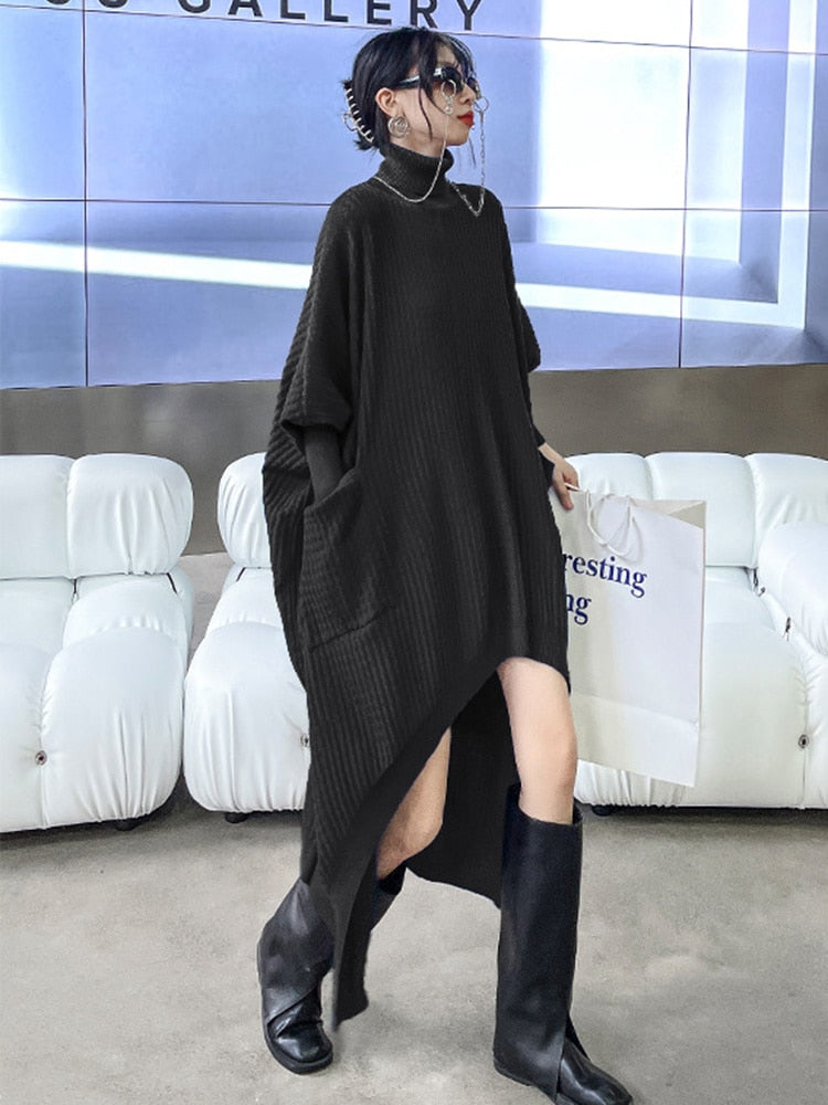 Irregular Hem Solid Dresses For Women Turtleneck Batwing Sleeve High Waist Pullover Loose Dress Female Fashion