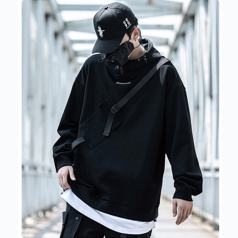 Harajuku Hoodies Men Ribbon Design Pullover Hip Hop Streetwear Hoodies Sweatshirts Techwear Black Techwear