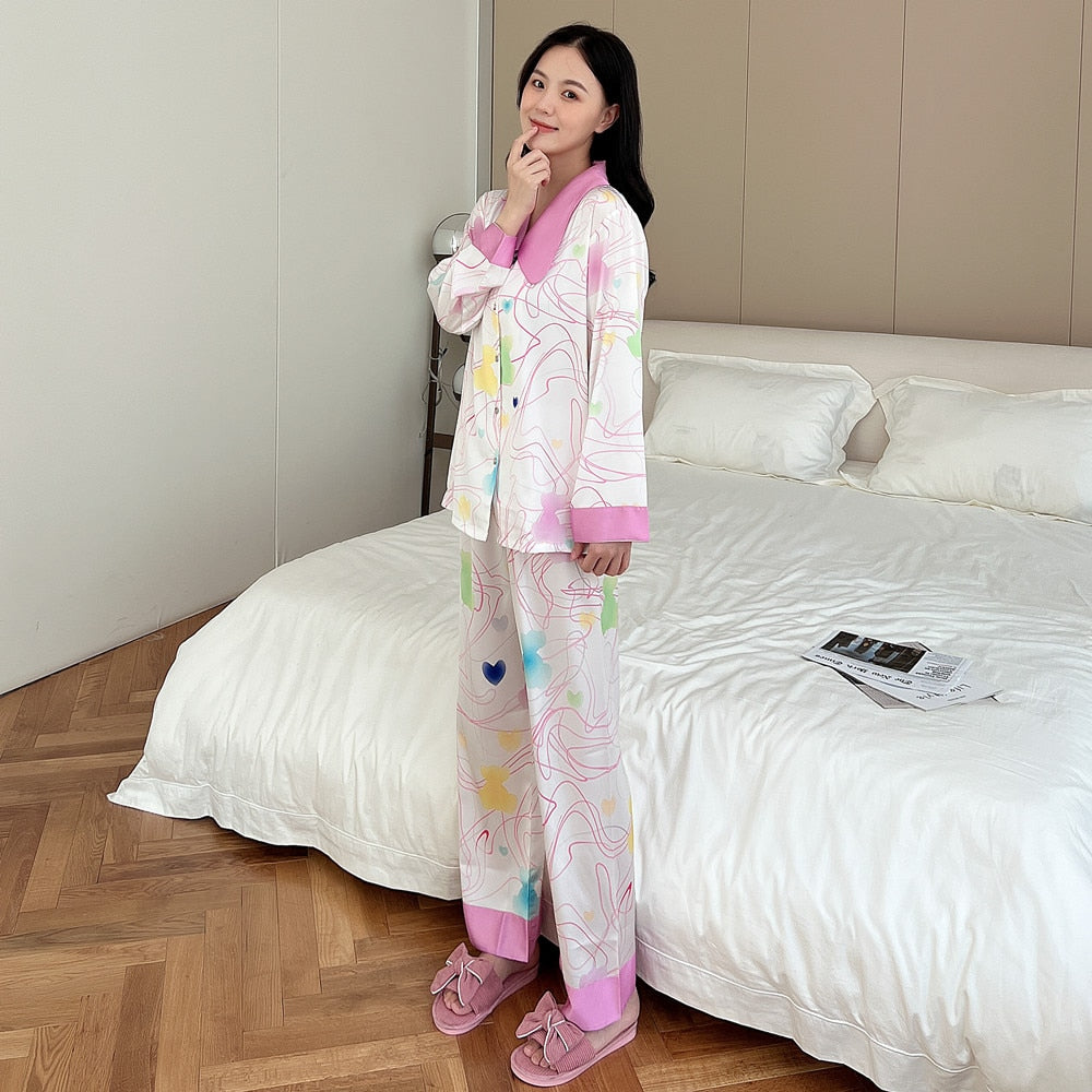 Women's Pajamas Set Butterfly Collar Colorful Stripes Print Leisure Sleepwear Silk Like Casual Homewear Nightwear Femme