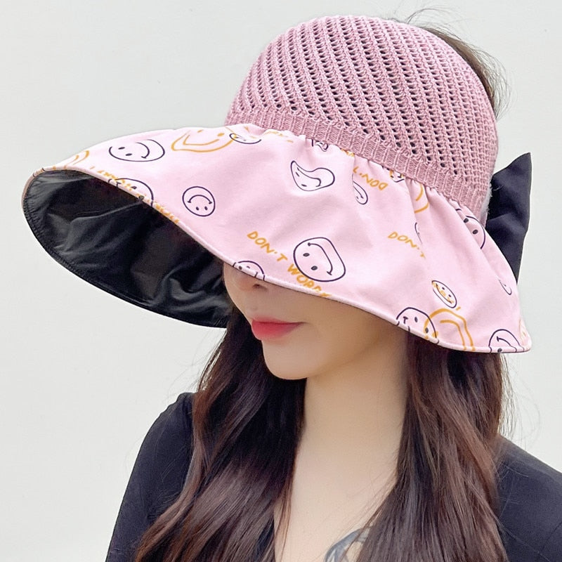 Summer Hats For Women Fashion Smiley Face Pattern Design Straw Hat  Empty Top Sun Hat Travel Beach Hat