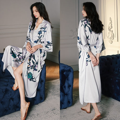 Load image into Gallery viewer, High Quality Women&#39;s Pajamas Long Robe Floral Sleepwear Silk Like Sexy Bathrobe Homewear Luxury Nightwear peignoir femme
