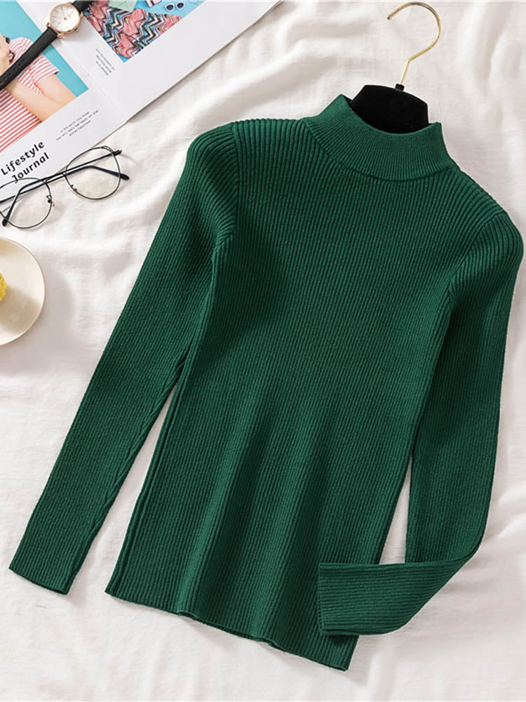 Autumn Women Pullover Sweater Half Turtleneck Long Sleeve Knitted Jumper Winter Elastic Solid Basic Ladies Blouse