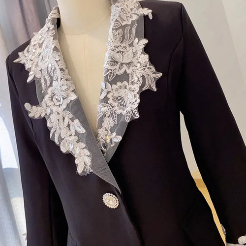 Load image into Gallery viewer, Patchwork Lace Blazers For Women Notched Collar Long Sleeve Loose Spliced Button Casual Blazer Female Fashion
