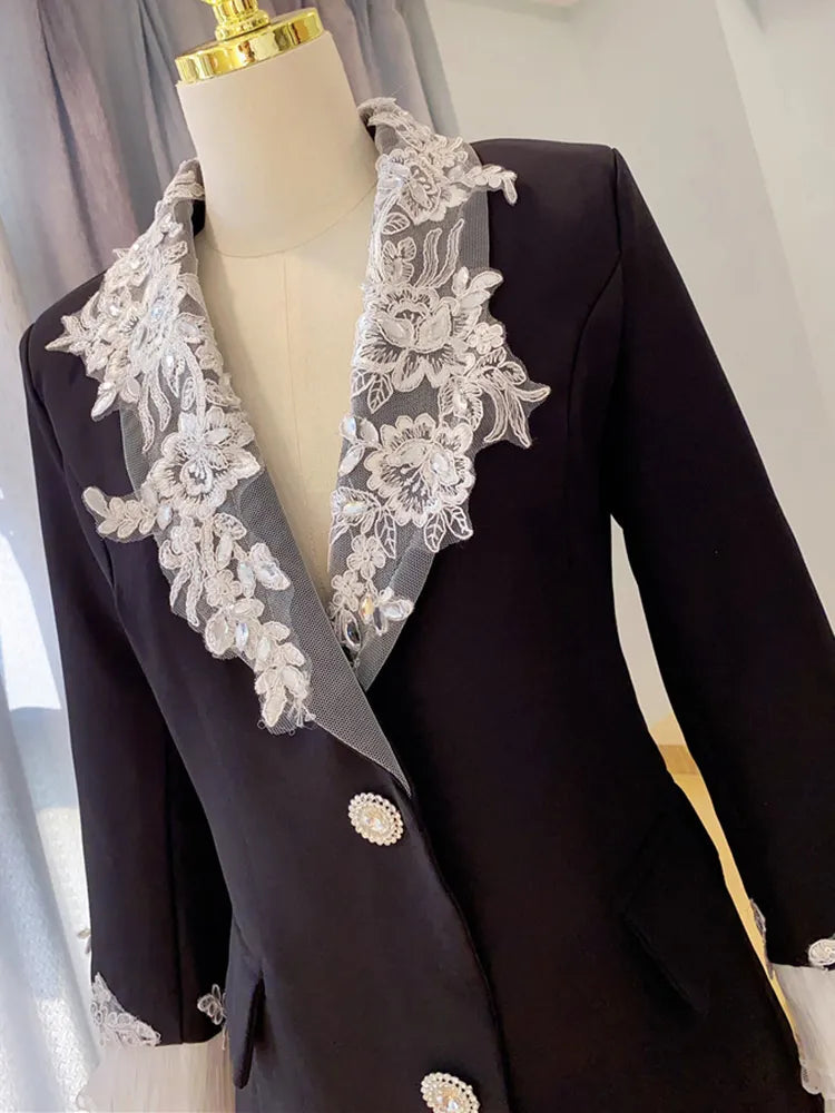 Patchwork Lace Blazers For Women Notched Collar Long Sleeve Loose Spliced Button Casual Blazer Female Fashion