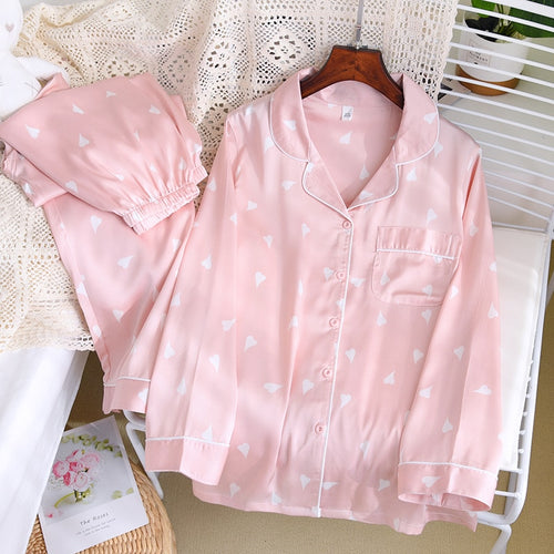 Load image into Gallery viewer, High Quality Women&#39;s Pajamas Set Heart Print Sleepwear Silk Like Casual Homewear V Neck Nightwear Femme пижама женская
