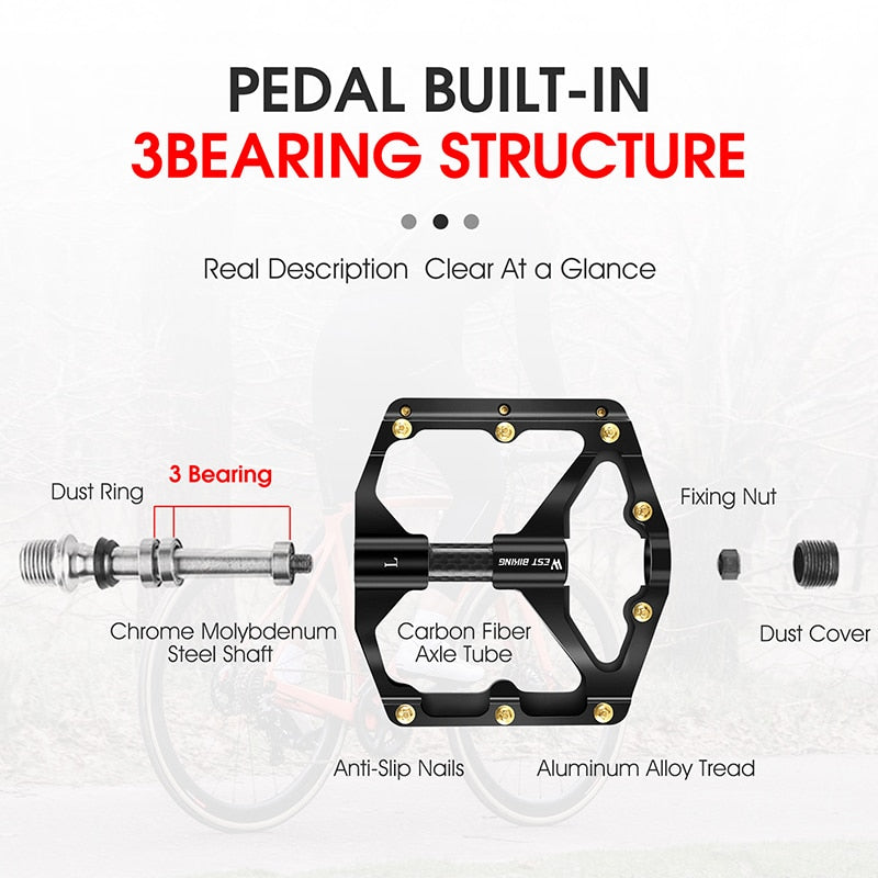 Ultralight MTB Aluminum Pedals 3 Bearings Bicycle Flat Pedals Cr-Mo Shaft Carbon Fiber Tube BMX Road Bike Pedals