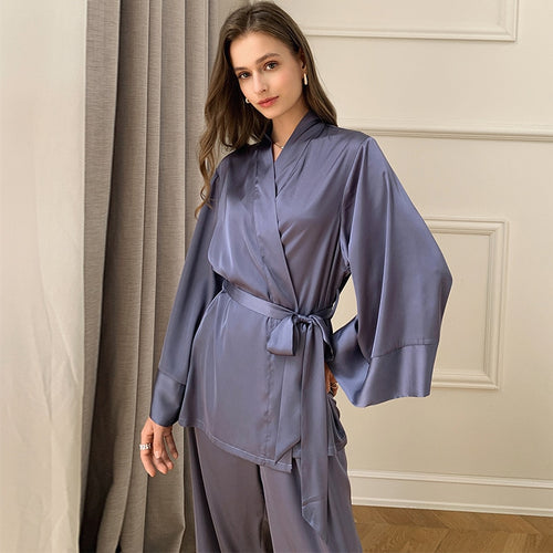 Load image into Gallery viewer, Women&#39;s Pajamas Set Solid Sleepwear Silk Like Casual Homewear V Neck Nightwear Simplicity Nightgown Femme пижама женская
