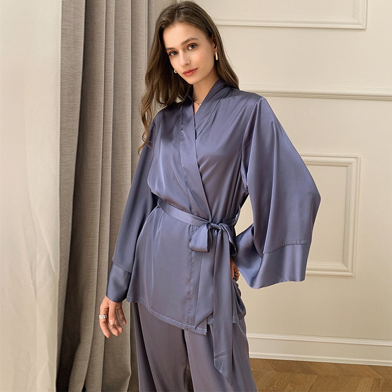 Women's Pajamas Set Solid Sleepwear Silk Like Casual Homewear V Neck Nightwear Simplicity Nightgown Femme пижама женская