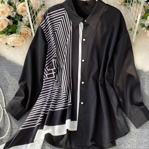 Load image into Gallery viewer, Oversize Women Shirts Fashion Patchwork Irregular White Loose Ladies Button Up Shirt Casual Long Sleeve Fall Female Top
