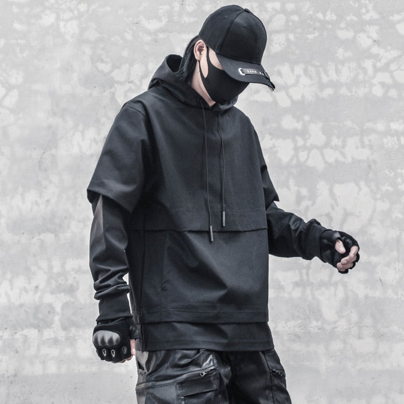 Men Fake two Hoodies Hip Hop Streetwear Harajuku Black Splicing Sweatshirt Pullover Men Fashion Hoodie Techwear