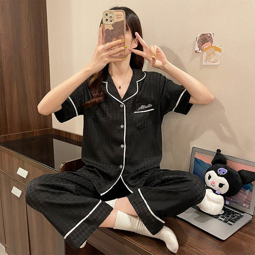 Load image into Gallery viewer, Lapel Neck Silk Like Pajamas Women&#39;s Summer Cool Silky Slim Thousand-bird Lattice Jacquard Short Sleeve Pants Home Suit
