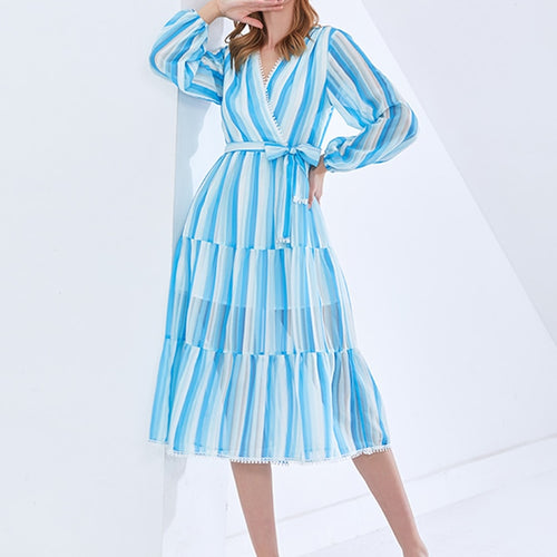 Load image into Gallery viewer, Hit Color Dresses For Women V Neck Long Sleeve High Waist Tunic Spliced Bowknot Summer Striped Dress Female Fashion
