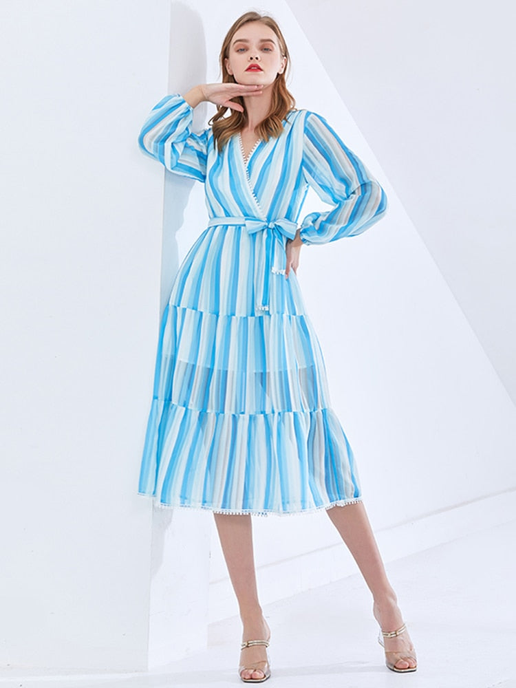 Hit Color Dresses For Women V Neck Long Sleeve High Waist Tunic Spliced Bowknot Summer Striped Dress Female Fashion