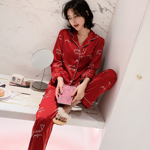 Load image into Gallery viewer, Simulation Silk Pajamas Women Summer Thin Long Sleeved Cardigan Two-piece Set Fashion Letter Printing Home Clothing
