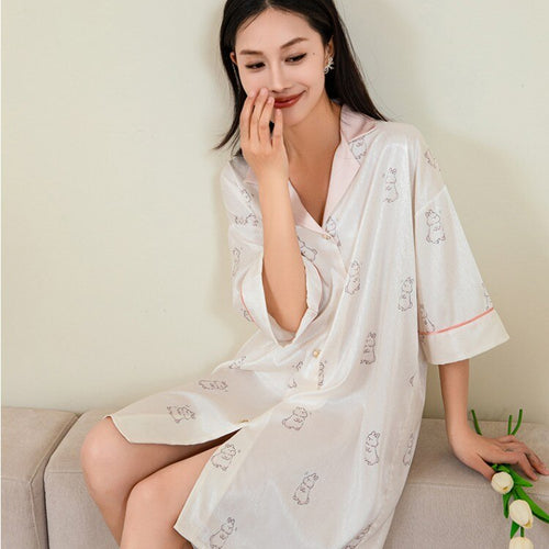 Load image into Gallery viewer, Summer Simulated Silk Sleeping Dress Women&#39;s Loose Fashion Cute Rabbit Printing Cardigan Pajamas Sweet Home Clothing
