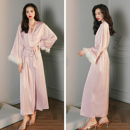 Load image into Gallery viewer, High Quality Women&#39;s Pajamas Robe Feather Cuff Sleeprobe Luxury Style Silk Like Casual Homewear Nightgown пижама женская
