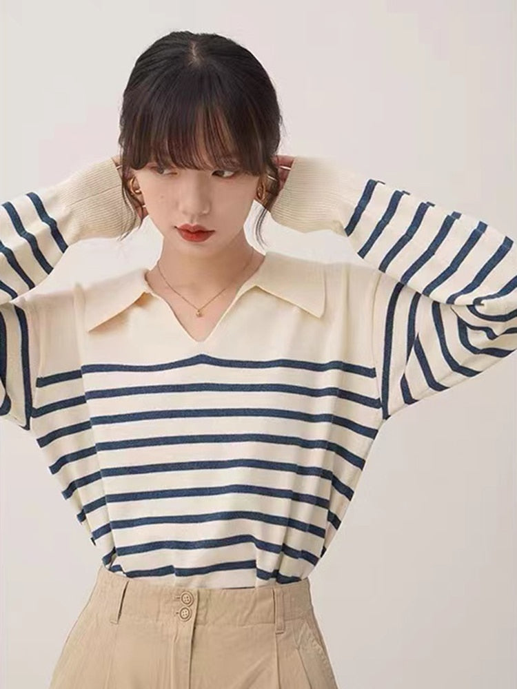 Designed Striped Women Sweater Pullover Korean V Neck Loose Jumper Long Sleeve Fall Office Ladies Blue Sweater