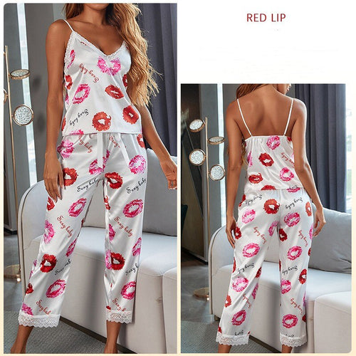 Load image into Gallery viewer, Women&#39;s Pajamas Set Stripes Silk Like Homewear Casual Sling top and Pants Nightwear Elegant Home Clothes Sleepwear Femme
