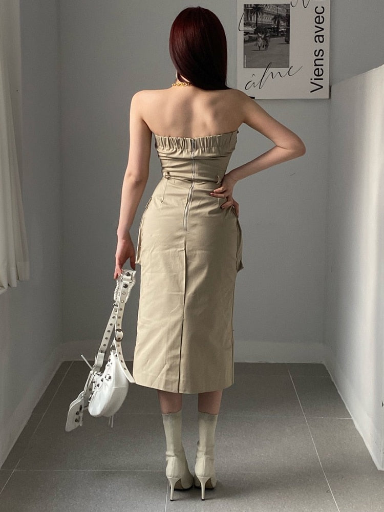 Patchwork Pockets Dresses For Women Strapless Sleeveless High Waist Solid Casual A Line Dress Female Fashion