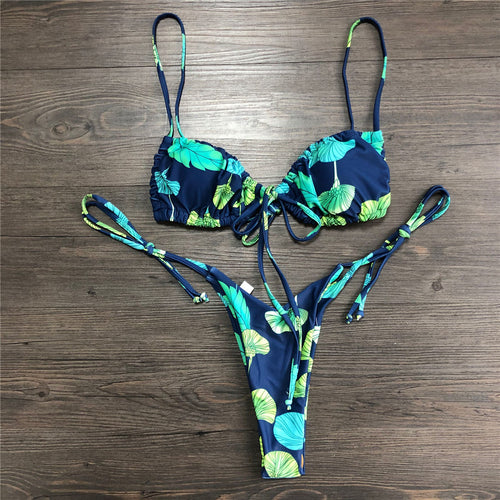 Load image into Gallery viewer, Wrinkled Lace Up Mini Thong Bikini Female Swimsuit Women Swimwear Two-Pieces Bikini set Tie Dye Bather Bathing Suit Swim V2552B
