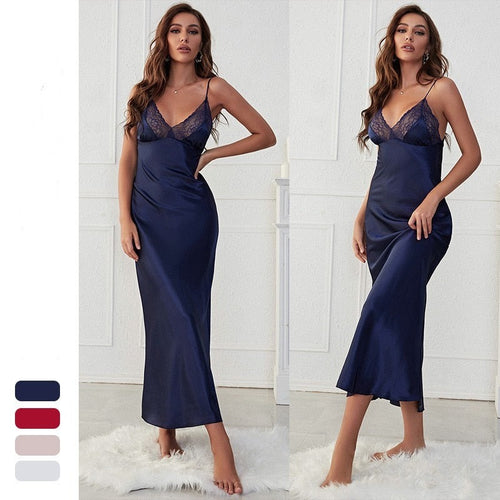 Load image into Gallery viewer, Women&#39;s Pajamas Sling Dress Sexy Nightgown Silk Like Homewear Long Skirt Bandage Sleepdress Femme
