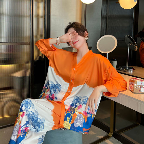 Load image into Gallery viewer, Women&#39;s Pajamas Set Luxury Orange Coconut Print Sleepwear Silk Like Homewear V Neck Nightwear Leisure Loungewear
