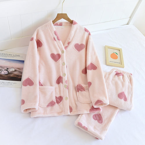 Load image into Gallery viewer, Women&#39;s Pajamas Set Warm Flannel Cute Heart Print Sleepwear Casual Homewear V Neck Nightwear Femme New for Winter
