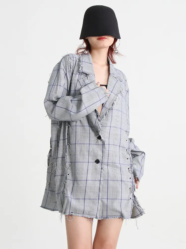 Plaid Blazers For Women Notched Collar Long Sleeve Patchwork Single Breasted Slim Temperament Blazer Female