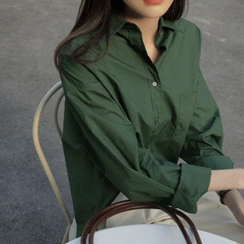 Load image into Gallery viewer, Blue Women Shirt Designed Long Sleeve Korean Office Ladies Button Up Shirts Loose All Match Solid Green Female Tops
