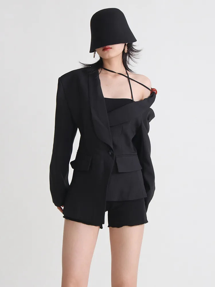 Hollow Out Blazers For Women Notched Collar Long Sleeve Slim Spliced Pocket Blazer Female Fashion Style Clothing