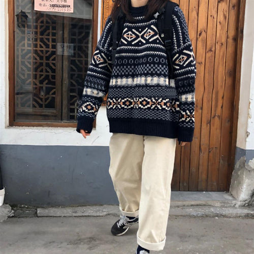 Load image into Gallery viewer, Sweaters Women Jacquard Knitted Casual Lady Pullover Sweater Female Autumn Winter Retro Loose All-match Harajuku Jumper
