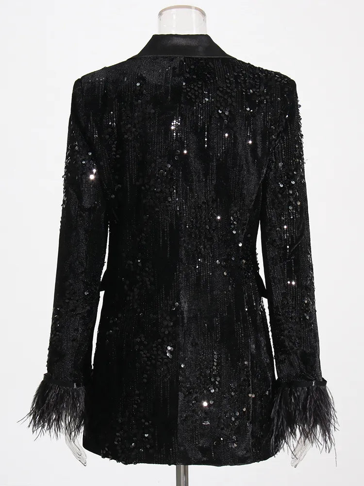 Sequins Black Blazer For Women Notched Collar Long Sleeve Patchwork Feathers Cuff Solid Blazers Female Clothing