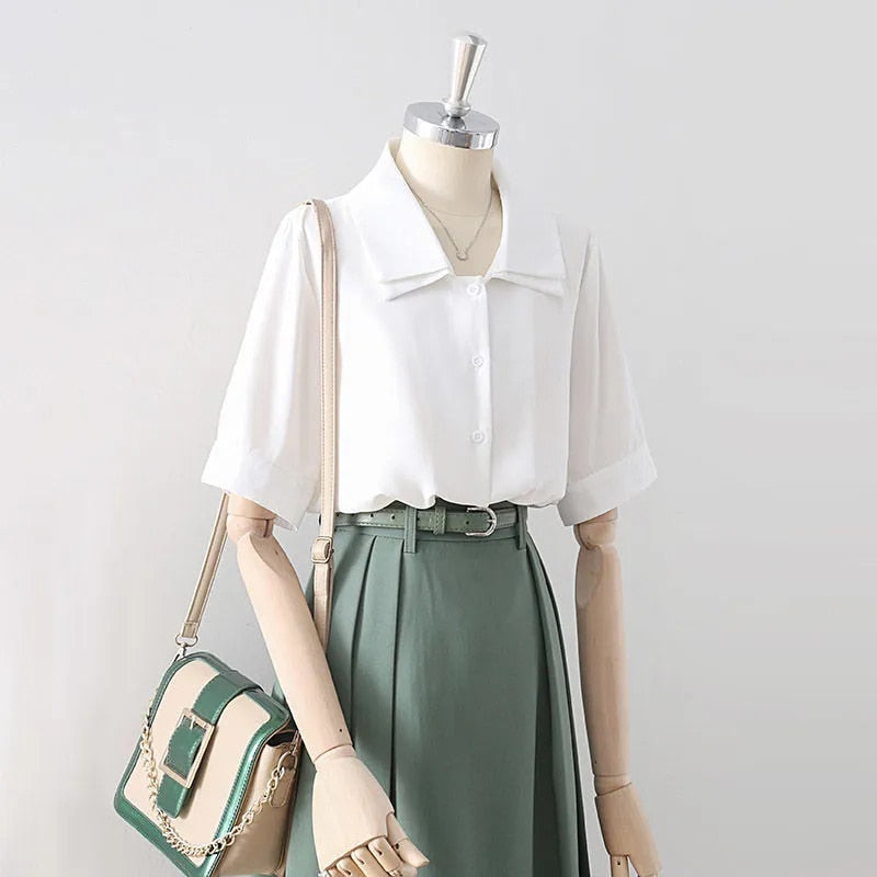 Design Double Turn Down Collar Women White Shirts Short Sleeve Summer Button Up OL Shirts Korean Casual Chiffon Female Tops