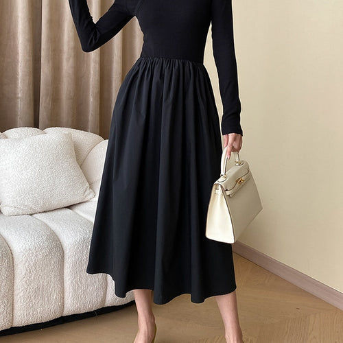 Load image into Gallery viewer, Patchwork Folds Solid Dresses For Women Round Neck Long Sleeeves High Waist Hollow Out A Line Dress Female Fashion
