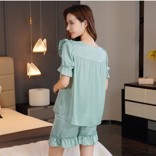 Load image into Gallery viewer, Chiffon Pajamas Women&#39;s Summer Home Casual Suit Thin Short Sleeve Shorts Two Piece Set Comfortable Ruffled Homewear
