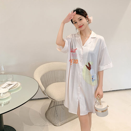 Load image into Gallery viewer, Women&#39;s Summer Lapel Leisure Pajamas Large Size Medium Long Skirt Nightgown Sweet Girls Cartoon Cardigan Home Clothes
