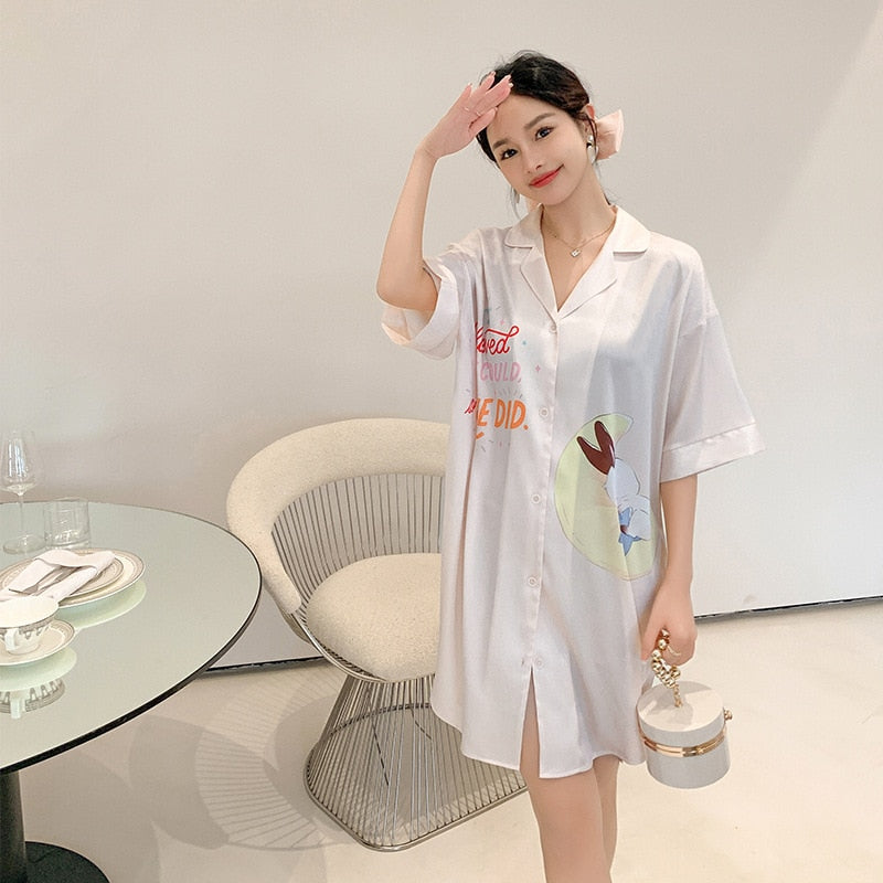 Women's Summer Lapel Leisure Pajamas Large Size Medium Long Skirt Nightgown Sweet Girls Cartoon Cardigan Home Clothes