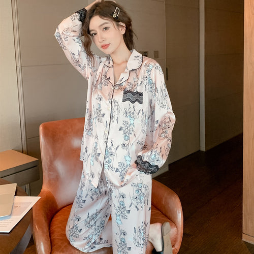 Load image into Gallery viewer, High Quality Women&#39;s Pajamas Set Floral Print Lace Sleepwear Silk Like Fashion Homewear Nightwear Femme Petite
