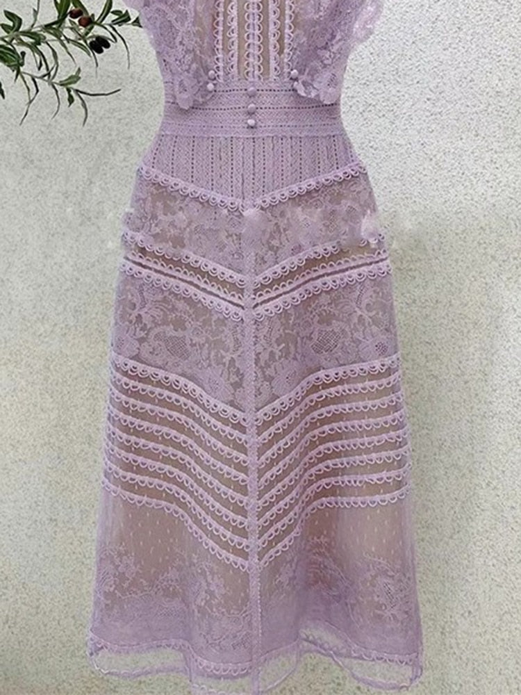 Solid Embroidery Summer Fashion Dresses For Women Round Neck Sleeveless Lace Mesh Dress Female Fashion Clothes